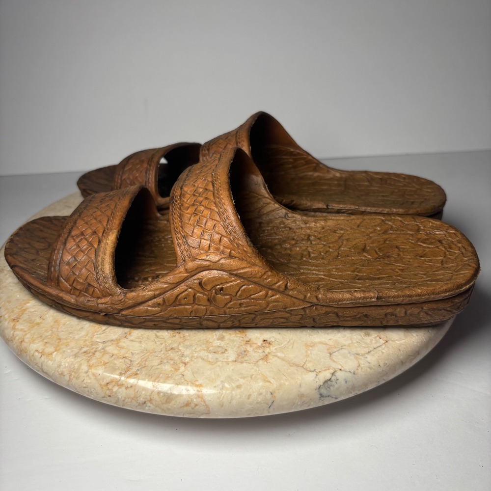 Pali Hawaii Slide Sandals Size 9 Brown Basket Weave Rubber Sandals